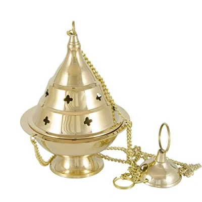 Immagine di NKlaus bruciatore d&#039;incenso ottone oro con catena 25cm Ø 9cm fatto a mano modalità di funzionamento incenso carbone 2168