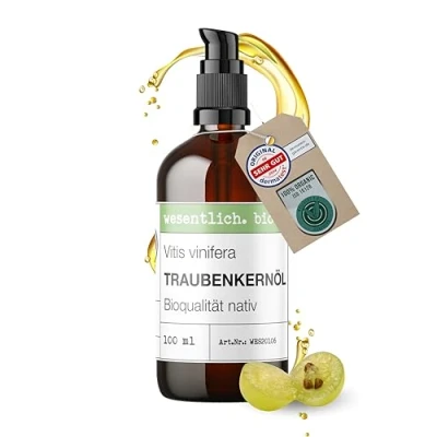 Immagine di wesentlich. Olio di semi d&#039;uva biologico pressato a freddo, 100 ml (olio vitis Vinifera Seed Oil).