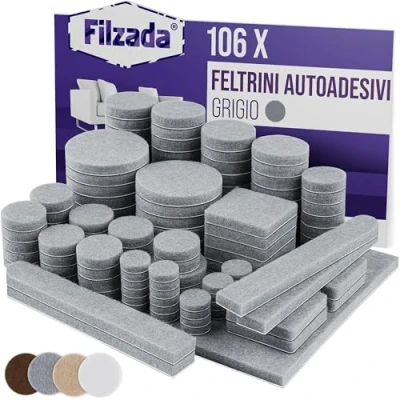 Immagine di Filzada® Set di 106 feltrini autoadesivi (rettangolari e rotondi) grigio professionali per mobili in feltro con forza adesiva ideale