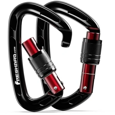 Immagine di FresKaro moschettone da arrampicata, in alluminio, 25kN 2550kg, chiusura a doppia torsione, solido, per guinzaglio cani, vigile del fuoco, amaca, portachiavi, CE UIAA, nero 2 pezzi