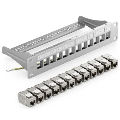 Immagine di deleyCON 12 Porto Pannello Delle Patch Set Modulare 1 IU 10&quot; Pollici Montaggio Rack + 12x RJ45 Keystone Moduli CAT6a Compatibile con CAT5 CAT6 CAT7 LAN Cavi di Rete Posa Grigio