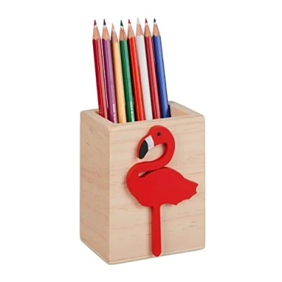 Immagine di Relaxdays Portapenne da Scrivania in Camera, Design Fenicottero, HLP: 10x8x6 cm, Box Portamatite, Legno, Naturale Rosso, 100%