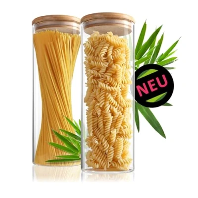 Immagine di Robin Goods® 2x barattoli con coperchio in bambù 1800ml per alimenti vetro borosilicato rinforzato ermetici barattolo rotondo riutilizzabile 1.8L (02 pezzi 1800 ml)