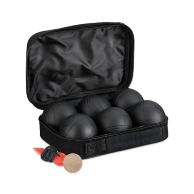 Immagine di Relaxdays Set di Bocce da Gioco, 6 Sfere in Acciaio con Boccino Legno, Misuratore Distanza, Custodia, Argento Nero, Nylon, D: 72 mm