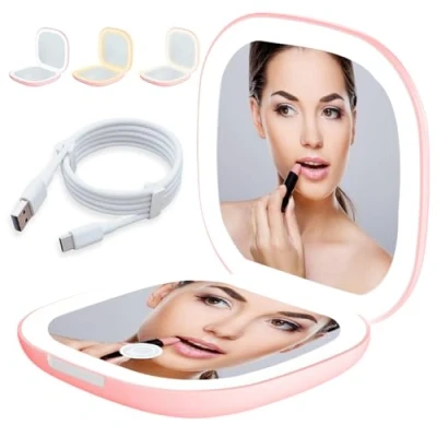 Immagine di specchio tascabile a LED con ingrandimento 1X/10X, cosmetico luce da viaggio regolabile e 2 lati, pieghevole, regalo per ragazze, rosa