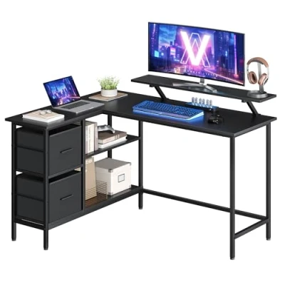Immagine di VASAGLE Scrivania a L con 2 Ampi Cesti, per Computer Supporto Monitor, Angolare, Tavolo da Gaming Ripiani Portaoggetti Regolabile, Studio, Nero Ebano LWD098B56