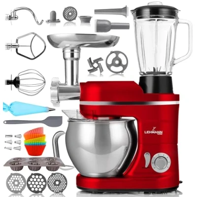 Immagine di Lehmann Robot da cucina multifunzione 3 in 1, 3000 W, macchina per impastare e mescolare con tritacarne spremiagrumi 1,5 l, sistema planetario, set di salsicce, pirottini muffin