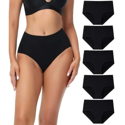 Immagine di wirarpa Donna Vita Alta Culotte Elasticizzato Mutande Cotone Slip a Media Intimo Pacco da 5 Nero Taglia 3XL