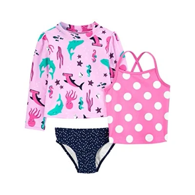 Immagine di Simple Joys by Carter&#039;s 3 Piece Assorted Rashguard Sets Infant And Toddler Sun Protective Swimwear, Blu Marino Pois/Rosa A Pallini/Animali Marini, 18 Mesi Unisex Bambini e Ragazzi