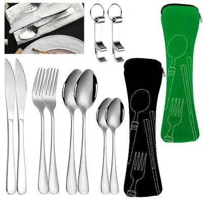 Immagine di 2 Set Posate Cucchiaio Campeggio con Custodia Portatile da Viaggio per Coltello, Forchetta, Cucchiaio, Apribottiglie