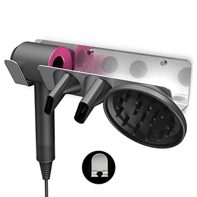 Immagine di Hosoncovy Supporto per asciugacapelli da parete con organizer, gancio, Dyson Supersonic, colore argento, posizionamento del phon a sinistra