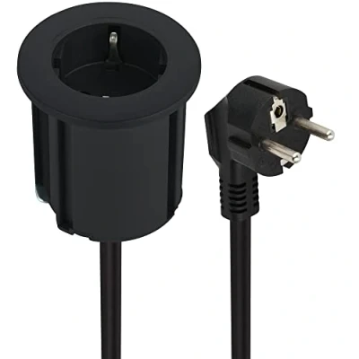 Immagine di Electraline 62564 Multipresa Scrivania Grommet Presa da Incasso con 1 Schuko, Diametro 54mm dotata di adattatore per foro standard 60mm, Cavo Lunghezza 2M H05VV F, Spina Schuko