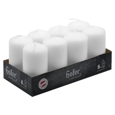 Immagine di Hofer Candele Bianche a Colonna 4,5 x 9 cm Set di 8 Piccole Decorative Cilindriche Colore Bianco Lunga Durata 12 Ore Cera Antigoccia Non Profumate Qualità RAL