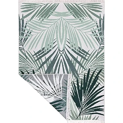 Immagine di Jimri tappeto a pelo corto Boho Kelim per soggiorno, camera da letto e cucina, corridoio, letto, colore verde palma, bianco, dimensioni: 60 x 180 cm