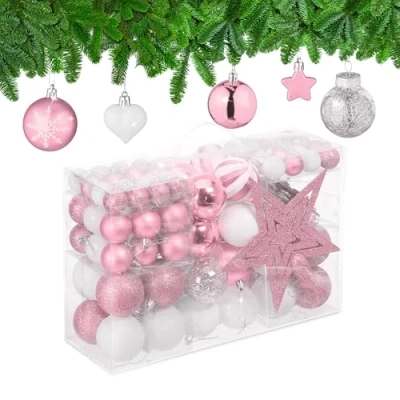 Immagine di Relaxdays Palline di Natale, Set 101 Addobbi Natalizi in Plastica, Decorazioni per Albero Vari Design, Puntale, Rosa