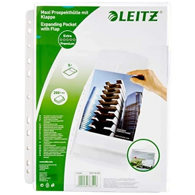 Immagine di Leitz Buste Perforate in Plastica Premium, Formato A4, Espandibili, Alta Capacità Fino a 200 Fogli, Pvc 170 Micron, Lembo Superiore, Confezione da 5, 47573003