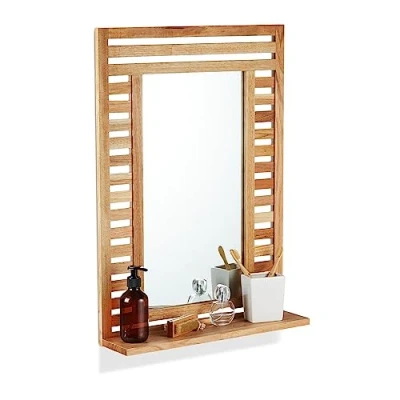 Immagine di Relaxdays Specchio da Parete Bagno, Specchiera Rettangolare con Ripiano e Cornice in Legno, 70 x 50 12 cm, Marrone