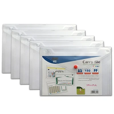Immagine di ARK 33539 Cartellina portadocumenti con bottone a pressione, formato A5, confezione da 5, colore: trasparente