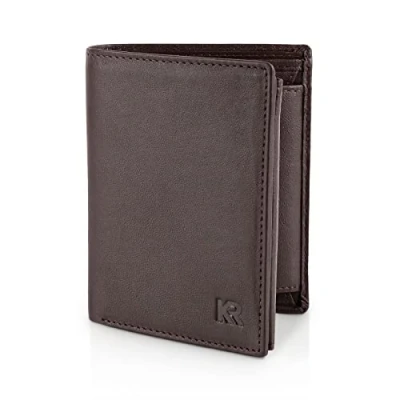 Immagine di KRONIFY Portafoglio in Pelle da Uomo Protezione RFID 13 Scomparti per Carte Portamonete con Scomparto Monete Cuciture Rinforzate Formato Verticale Marrone Scuro Naturale
