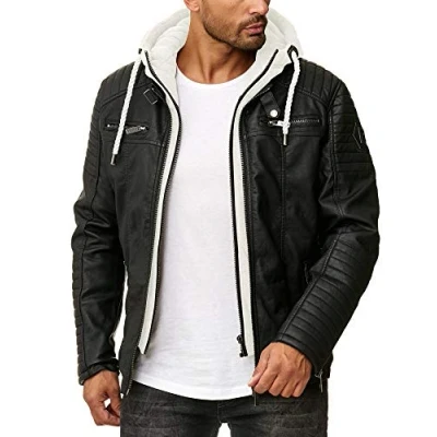 Immagine di RED BRIDGE Giacca in similpelle da uomo Giubbotto finta pelle con cappuccio Casual Nero Bianco 4XL