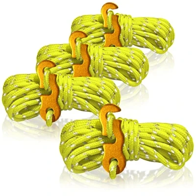 Immagine di com four® 4X tiranti, ciascuno da 4 m per Il Campeggio, Riflettenti in Giallo Cavo Tenda con Fibbia Alluminio di Tensione Campeggio tenditore Corda