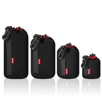 Immagine di Sacchetti Lenti, 4 custodia per obiettivo Set proteggere lenti DSLR, neoprene con morbida spessore nero in peluche Canon, Nikon, Tamron, Sigma, Pentax, (Piccola, Media, Grande e XL)