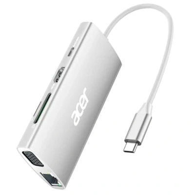 Immagine di Acer Hub USB C con HDMI 4K, Adattatore Ethernet 9 in 1, Docking Station a 3.1 5Gbps, Ricarica PD 100W, Lettore di Schede SD, VGA per MacBook, Acer, Laptop, Surface e Altro (Argento)