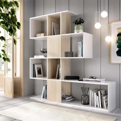 Immagine di Dmora Libreria Moneglia, Scaffale da ufficio multiuso, Mobile biblioteca portalibri a 4 ripiani, 145x29h145 cm, Bianco e Rovere