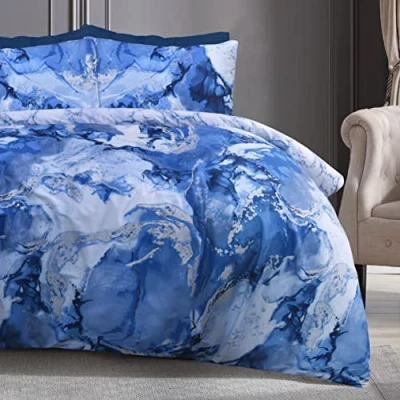 Immagine di Sleepdown Set di biancheria da letto reversibile con copripiumino e federe, in marmo metallizzato, colore blu brillante argento (230 x 220 cm)
