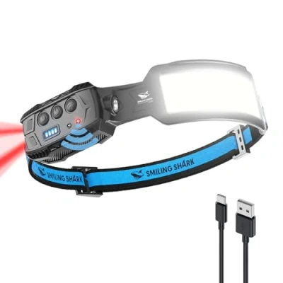 Immagine di Smiling Shark Torcia Frontale, LED Ricaricabile Headlamp 7 * Luce Bianche Sensore Movimento Super Brillante Rojo Luz Trasera Per Campeggio Pescar Correr Reparar, Frontale Lampada