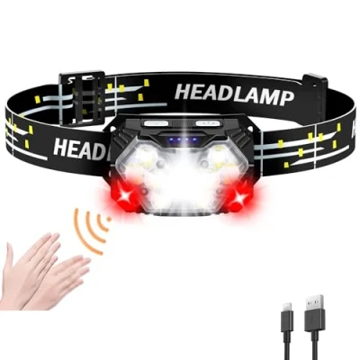 Immagine di SENDALE Lampada frontale a LED,Torcia da Testa 5000 lumen,9 LED,funzionamento batteria,ricaricabile con luce rossa e sensore di movimento,7 modalità luce,IPX6,manutenzione,pesca