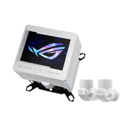 Immagine di ASUS ROG Ryujin III WB Blocco acqua Asetek per CPU, 178 lamelle di microraffreddamento, piastra raffreddamento in lega rame, schermo LCD 3,5, ventola VR incorporata, raccordi ROG, bianco