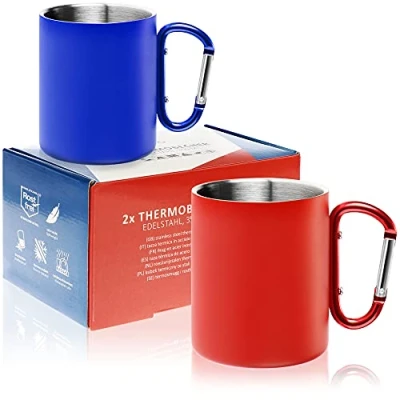 Immagine di Robin Goods® 2 Tazze Termiche in Acciaio Inossidabile con Manico a moschettone 350 ml per Tazza da caffè Termica infrangibile (2 Pezzi Blu/Rosso Maniglia Scatto)
