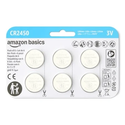 Immagine di Amazon Basics, Batterie a bottone al litio CR2450, 3 volt, energia di lunga durata, senza mercurio, Confezione da 6, Sicura per Bambini (Usare le Forbici Aprire)