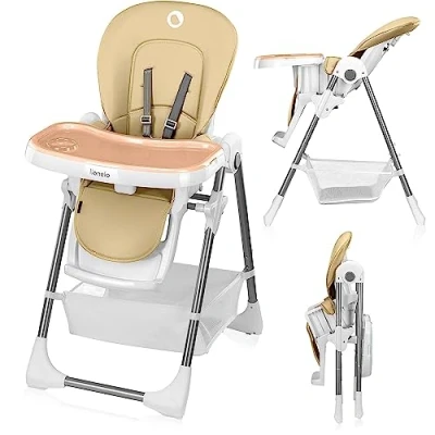 Immagine di Lionelo Linn Plus seggiolone pappa compatto reclinabile regolabile e pieghevole con vassoio staccabile cinture a 5 punti cuscino riduttore ruote fino 15 kg (beige)