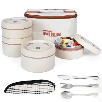 Immagine di BELLE VOUS Contenitore Termico per Alimenti Caldi Thermos Cibo Caldo Termos Pasta Calda Cibi Set 5 Portapranzo con Posate Porta Pranzo Portavivande Acciaio Beige