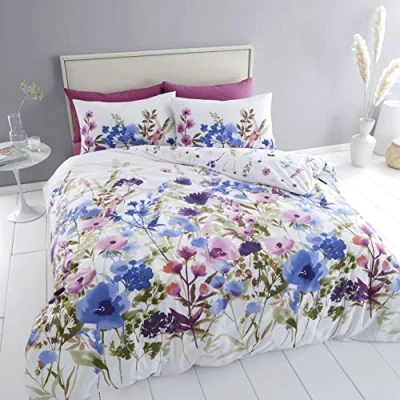 Immagine di Catherine Lansfield Set copripiumino matrimoniale reversibile con federe, motivo floreale, colore: bianco