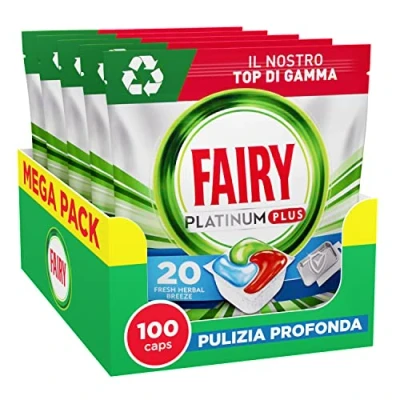 Immagine di efficaci al primo LAVAGGIO: le pastiglie lavastoviglie Fairy Platinum Plus offrono un&#039;azione pulente lavaggio, sono anche sul grasso incrostato e rimuovono macchie ostinate grazie potente liquido sgrassante