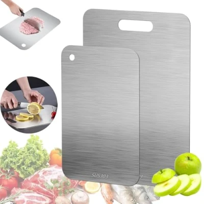 Immagine di Tagliere Acciaio Inox 2 Pezzi, in Titanio, Inossidabile 304, Alimentare, Taglieri per Carne, Formaggio, Verdure, Utensili da Cucina (15*25+23*34)