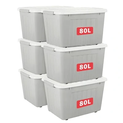Immagine di Cetomo Scatola portaoggetti in plastica 80 L* 6, grigia, contenitore organizzativo con coperchio durevole e fibbie di chiusura sicure, impilabile annidabile, confezione da fibbia
