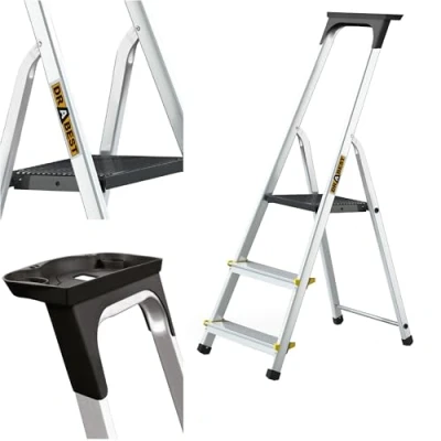 Immagine di DRABEST SCALETTE SERIE PRO Scaletta in Alluminio Domestica a 3 Gradini 150kg con Piedini Antiscivolo e Piattaforma per Scala da Lavoro Scale Multiuso 40x121x12cm