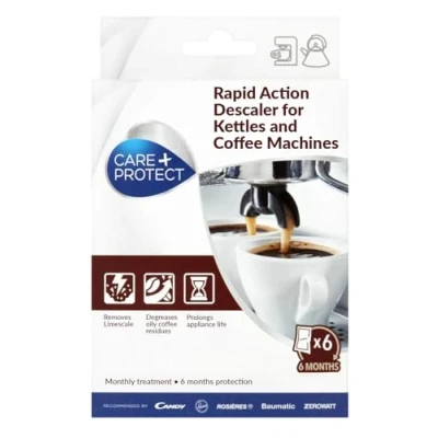 Immagine di CARE + PROTECT Decalcificante per Macchina da Caffè e Bollitori, Universale, Elimina calcare residui di Tè, 6 Buste Monodose in Polvere
