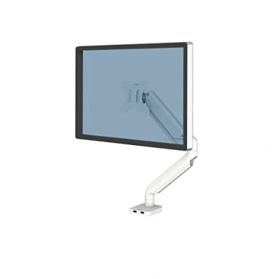 Immagine di Fellowes 8056201 Braccio monitor singolo Platinum Series, con funzioni di oscillazione, inclinazione, rotazione, 2 porte USB, dimensioni massime 30&quot; (9 kg), colore bianco