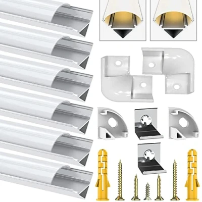 Immagine di Chesbung V LED Profilo 1 metri x 6 Pack in Alluminio Per Luci Strip con copertina, bianca Lattea,Tappi di Chiusura Laterali. Canalina Cover, Montaggio Universale Argento
