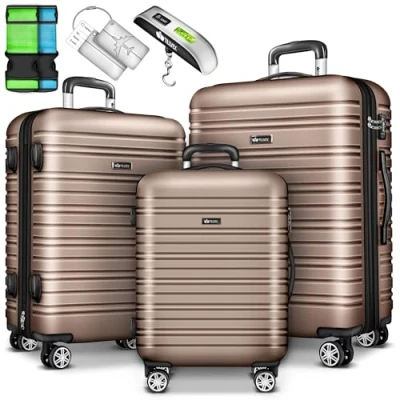 Immagine di tillvex® set di 3 valigie da viaggio con bilancia per bagagli, cinghie e etichette valigie, rigido 4 ruote, trolley serratura TSA, valigetta rigida M L XL