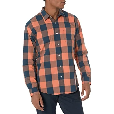 Immagine di Amazon Essentials Camicia Casual in Popeline a Maniche Lunghe vestibilità Regular Uomo, Blu Marino Arancione Bisonti, XL