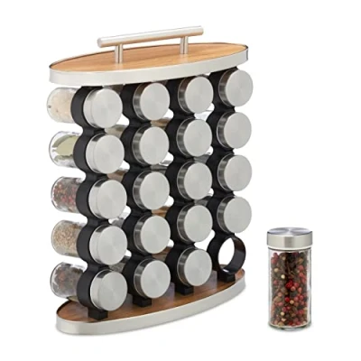 Immagine di Relaxdays Portaspezie da Cucina, 20 Barattoli in Vetro, Inserto Spargispezie, Manico, HLP: 35x28x12 cm, Argento Natura