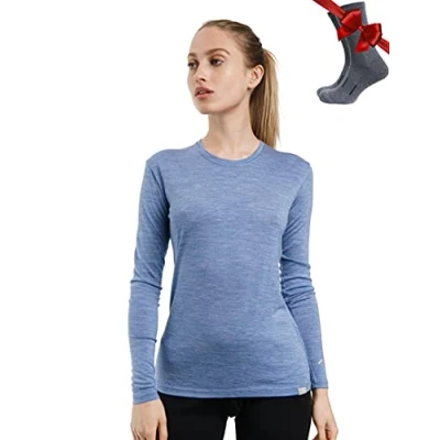 Immagine di Maglia Termica Donna di Lana Merinos Merino Maglietta Maniche Lunghe Leggero Magliette Intimo Base Layer + Le Calze in (Large, 165 Deep Blue)