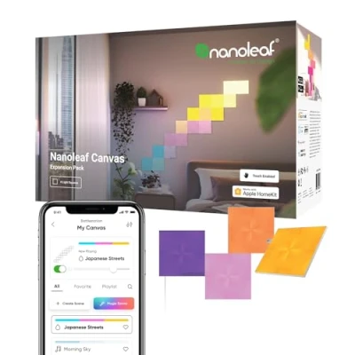 Immagine di Nanoleaf Canvas Expansion Pack, 4 Quadrati Pannelli Led Aggiuntivi RGBW Applique da Parete Interno Modulari, Luci 16M Colori WiFi, Funziona con Alexa, Sincronia Musica e Monitor, Deco Gaming