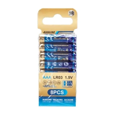 Immagine di Batteria alcalina LR03 (AAA) da 1,5 V, perfetta per telecomandi, giocattoli e torce. Presentato in una confezione 8 pezzi comodità durata.